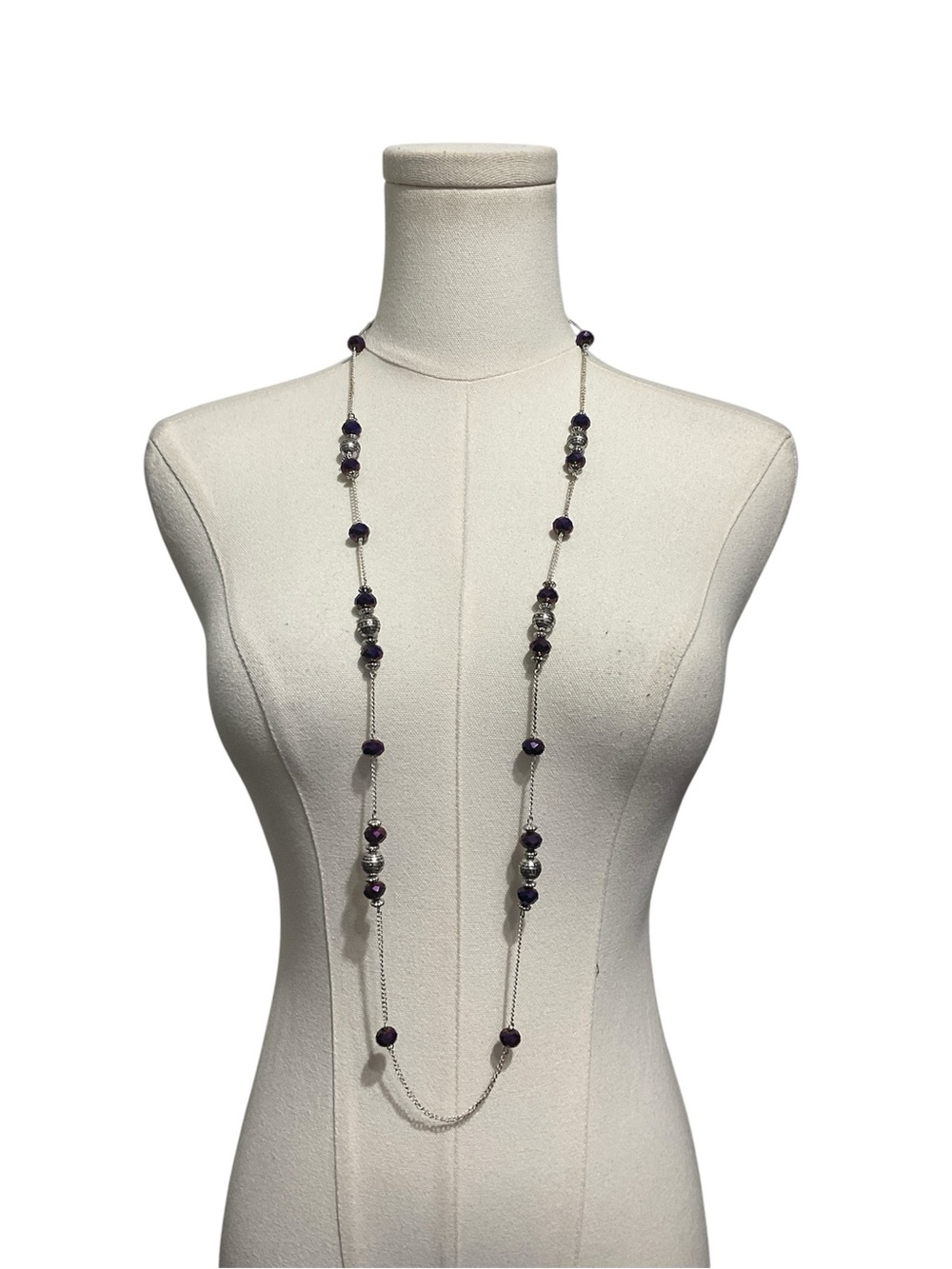 Gold Tone Beaded Necklace Purple Faceted Stones Long Layering Necklace - Picture 3 of 4